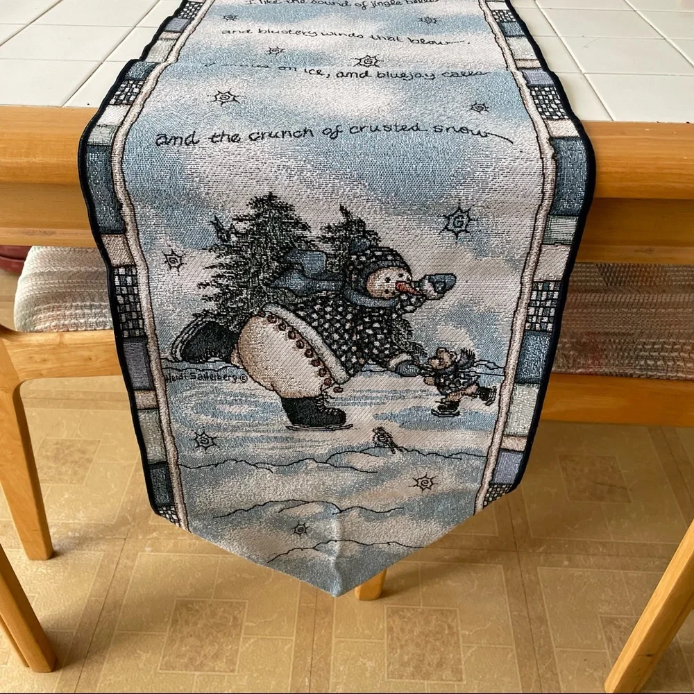Vintage MOHAWK HOME Table Runner Textured Skating Snowman and Bear Blue Jay
